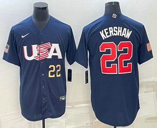 Mens USA Baseball #22 Clayton Kershaw Number 2023 Navy World Baseball Classic Stitched Jersey